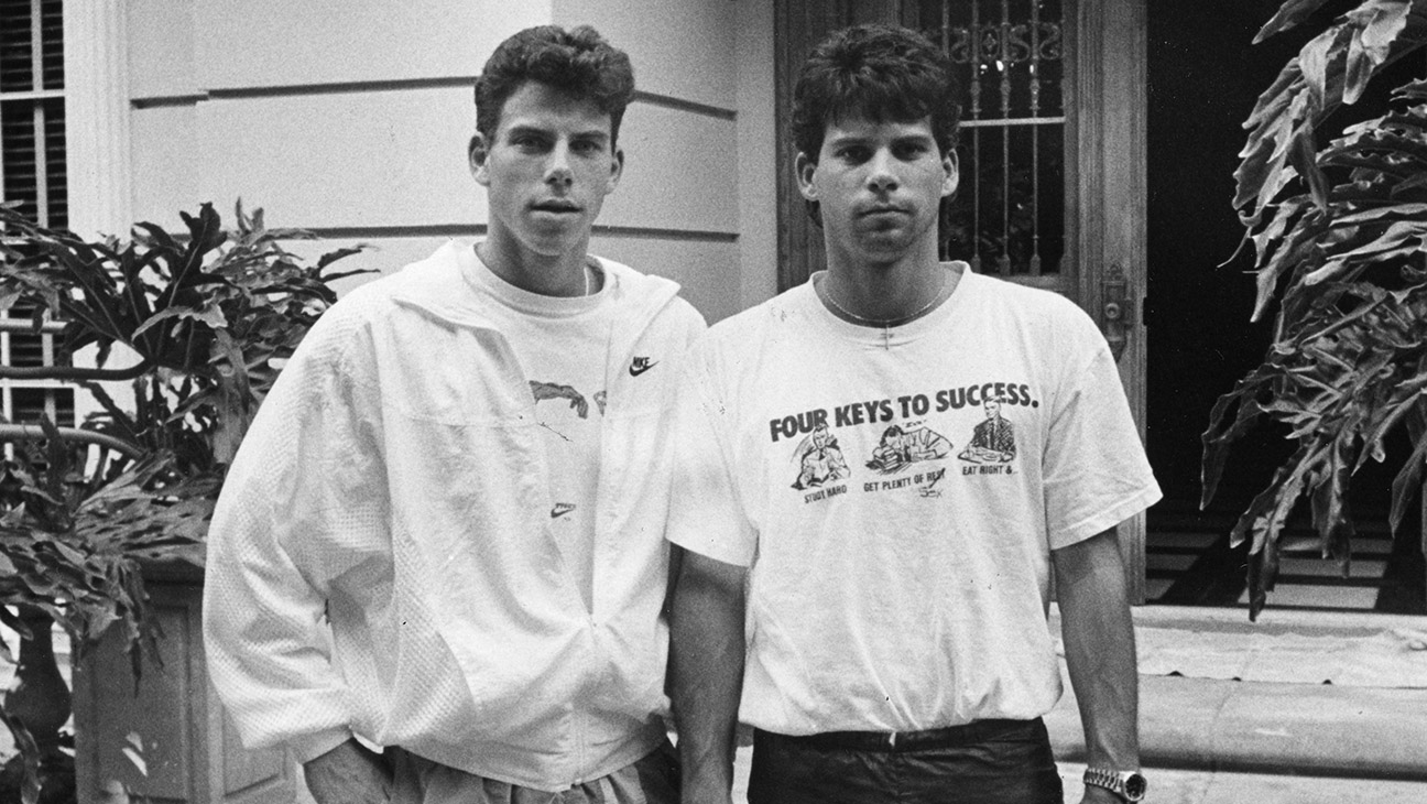 Erik Menendez, left, and his brother Lyle, in front of their Beverly Hills home. They are the main suspects in the murder of their parents.