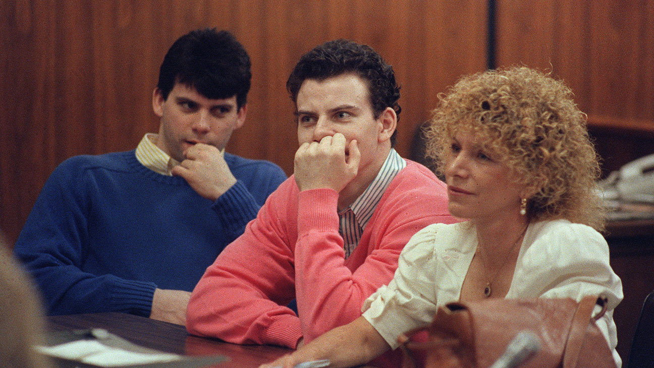 Erik Menendez and his brother Lyle are pictured with attorney Leslie Abramson on August 12, 1991, in Beverly Hills.